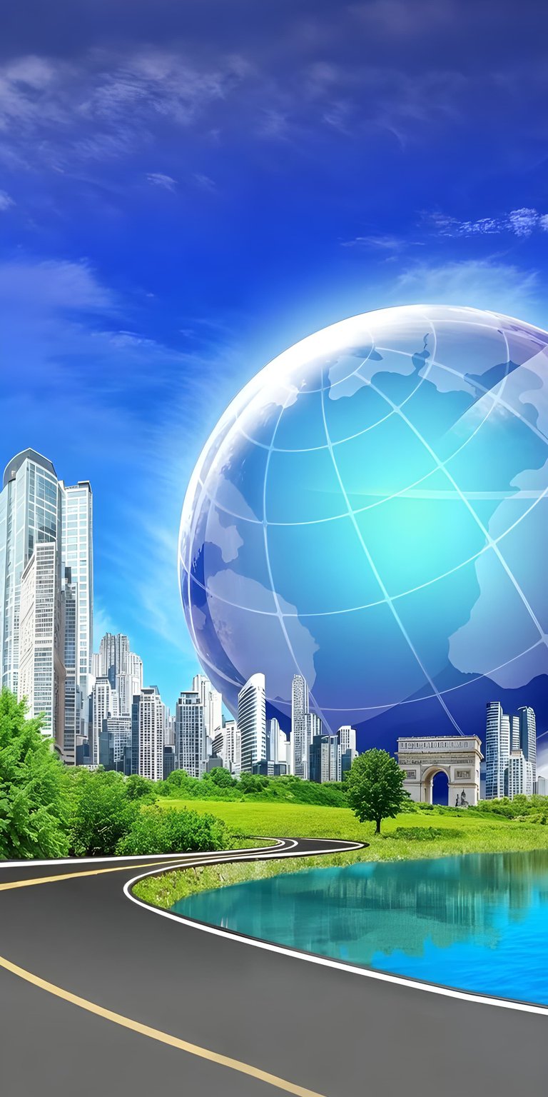 This earth city 4K wallpaper showcases a futuristic cityscape under a vibrant blue sky, perfect for your iPhone. The wallpaper features a prominent globe above skyscrapers, a winding road, and a tranquil lake, creating a stunning visual.