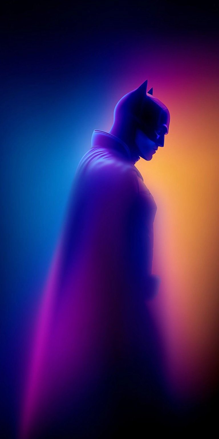 Download this stunning Batman wallpaper in 4K for your iPhone! This wallpaper showcases Batman's cape in shades of purple and a striking orange backdrop.