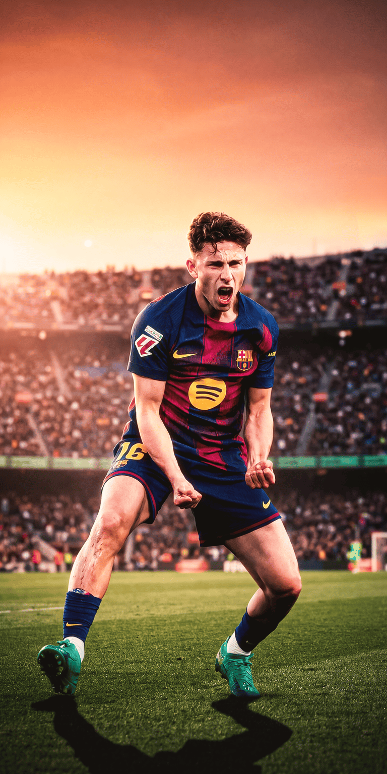 This 3D wallpaper features FC Barcelona star Gavi in action on the pitch. A high-energy sports aesthetic wallpaper designed to bring the intensity of the stadium to your iPhone.