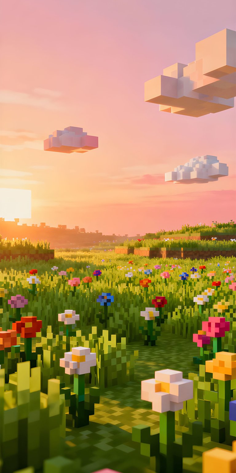 This vibrant Minecraft flower meadow 4K wallpaper brings a serene, blocky landscape to your iPhone. The aesthetic wallpapers style captures a warm golden hour glow with stylized clouds and a colorful variety of pixelated flora.