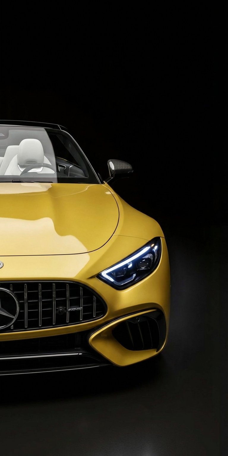 This high-contrast 4K wallpaper features the sleek front profile of a yellow Mercedes-AMG SL 63 against a deep black background. Perfect for OLED screens, this mobile wallpaper highlights the sharp LED headlight design and aggressive carbon fiber detailing for a premium look.
