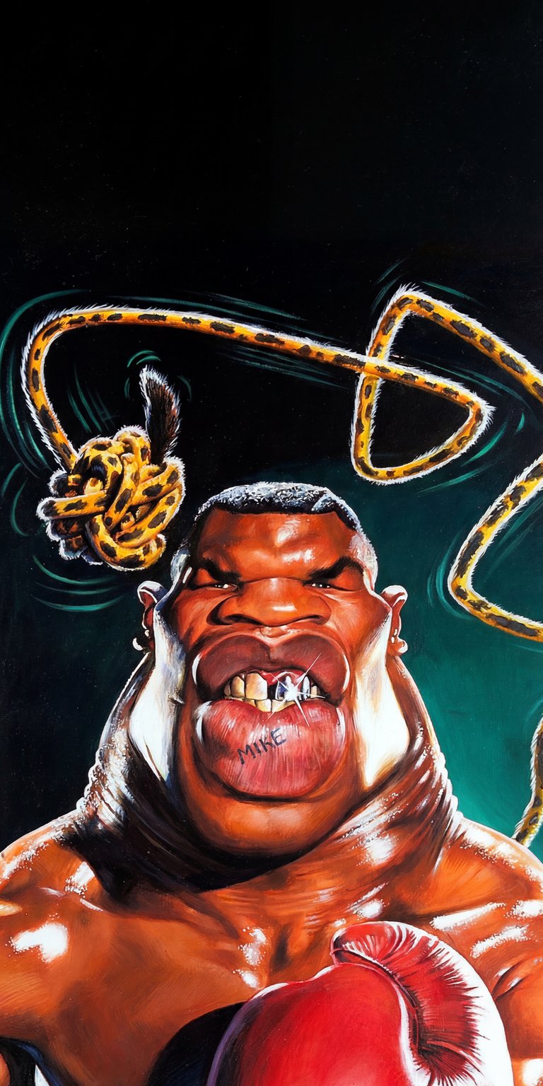 Get this 4K Mike Tyson wallpaper for your iPhone, featuring a cartoon-style illustration. Notice the gap in his teeth, the word "Mike" on his tongue, and a rope with a leopard print.