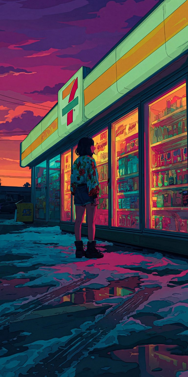Download this vibrant Anime Girl 4K wallpaper for your iPhone, showcasing a stylized scene at a 7-Eleven with a stunning, colorful sunset. This wallpaper features a girl in a floral shirt, standing near reflective puddles, and illuminated refrigerated shelves.