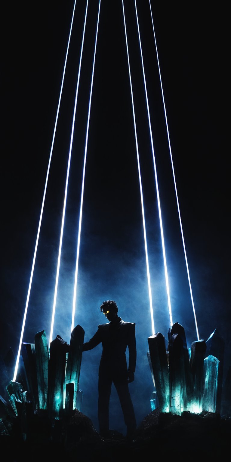 Gesaffelstein wallpaper for iPhone featuring a silhouetted figure framed by vertical light beams and glowing crystal structures. This Aesthetic wallpapers style wallpaper delivers a dark blue palette, dramatic lighting, and deep cinematic atmosphere.