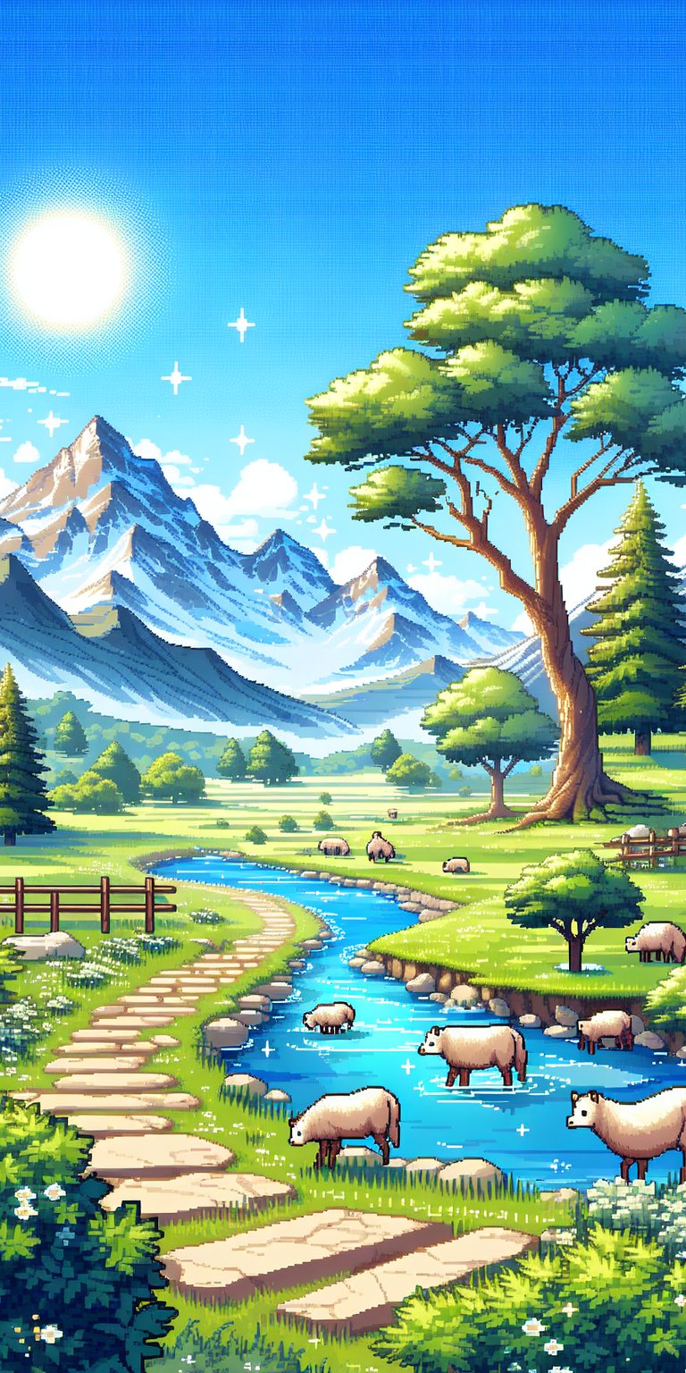 Animals are on the river in a beautiful landscape wallpaper