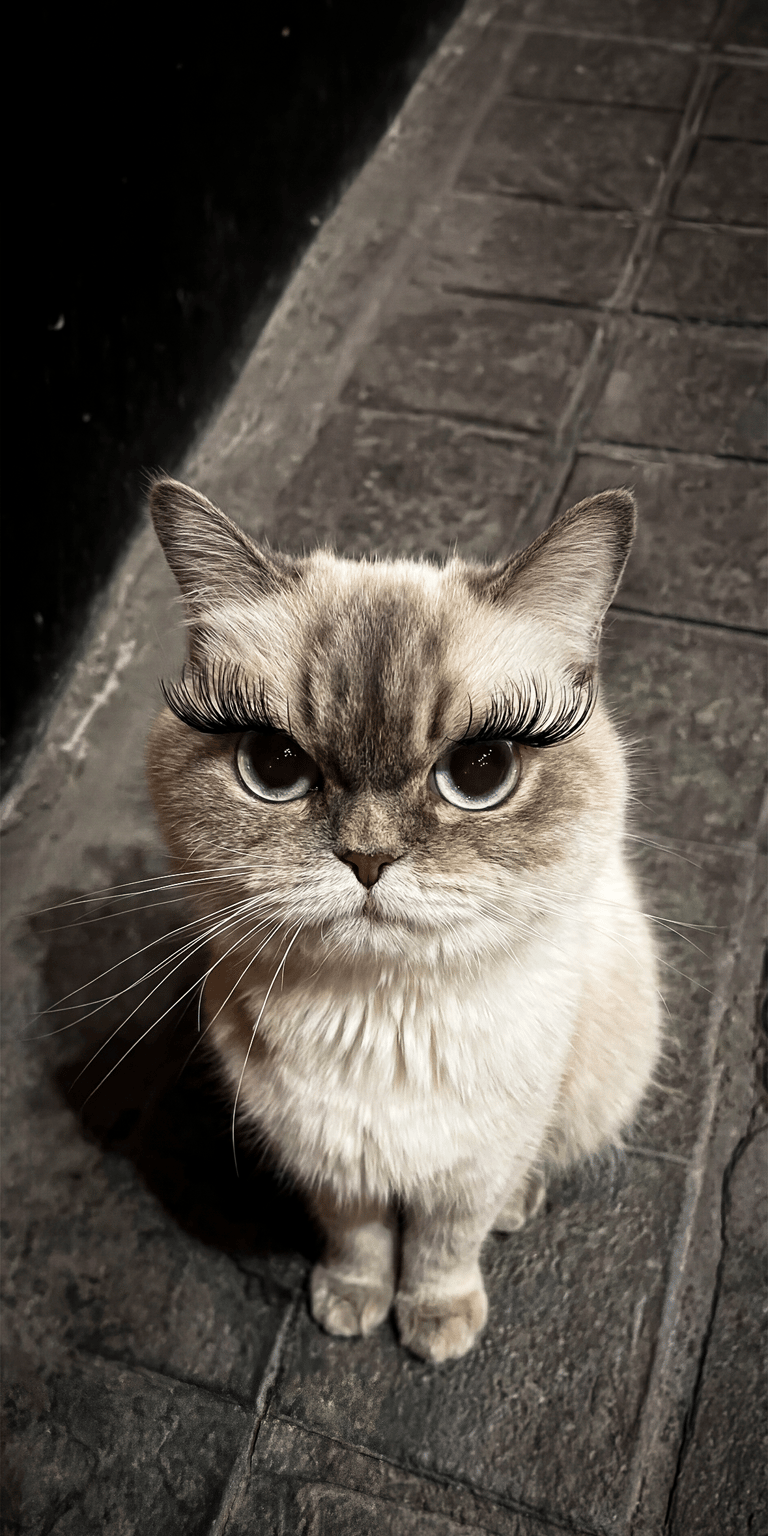 Cat 4K wallpaper featuring light blue eyes and dramatic false eyelashes against a gray stone background. This aesthetic wallpaper is designed for iPhone and works perfectly for lock screen and home screen use.