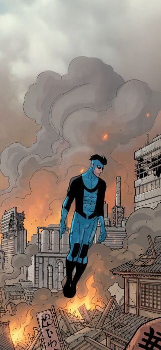 Download this Invincible 4K wallpaper for your iPhone, showing the transition from a smoky cityscape to Invincible flying above the destruction. This striking wallpaper features burning buildings and billowing smoke, creating a unique look.