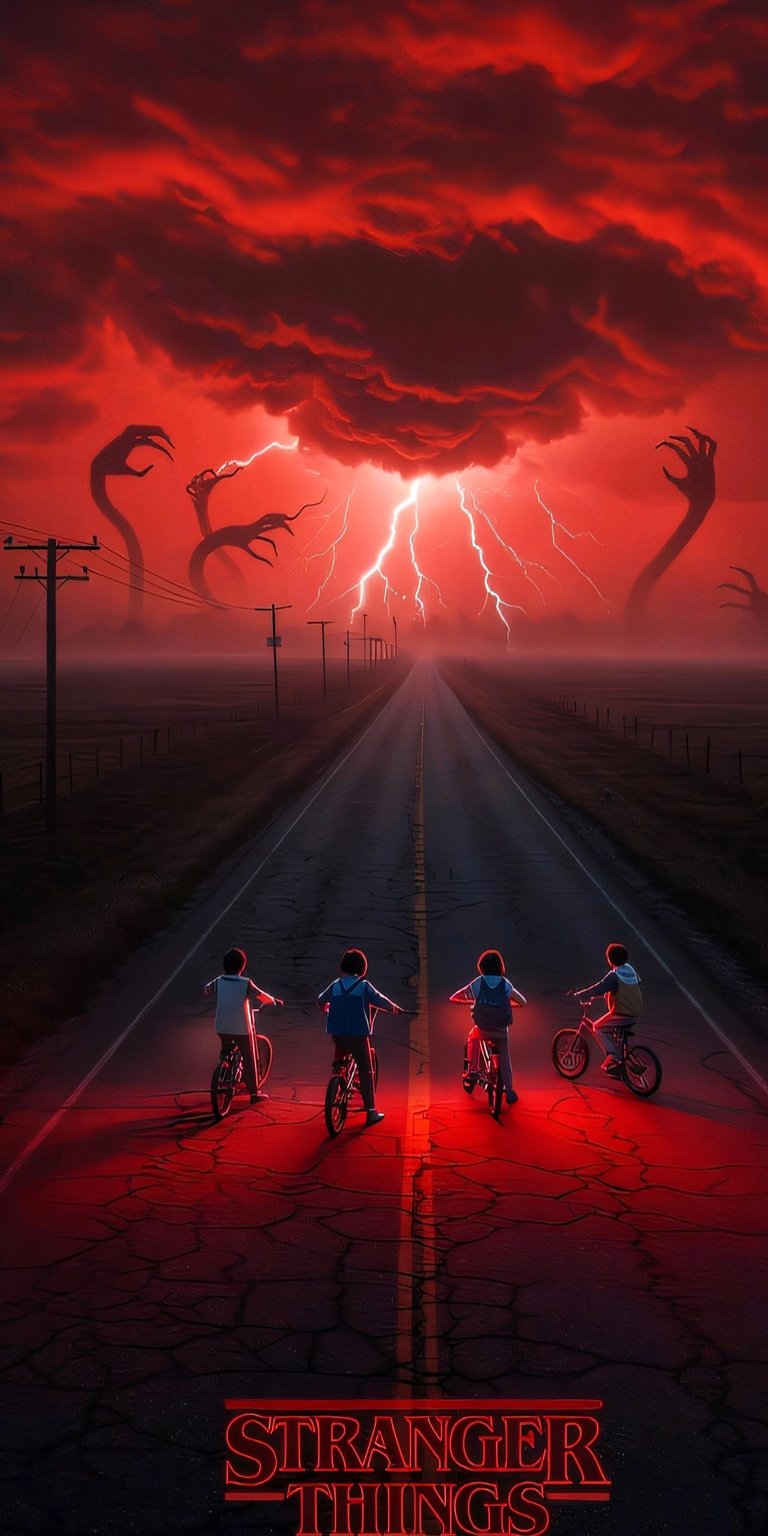 Download this striking Stranger Things 4K wallpaper for your iPhone. The intense image features children on bikes, monstrous tentacle creatures, and dramatic lightning.