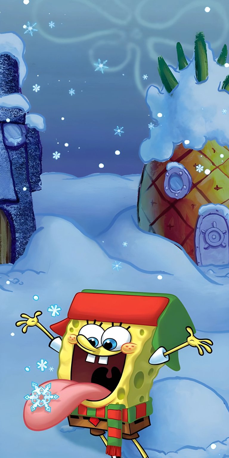Brighten your iPhone with this Spongebob 4K wallpaper featuring him in a festive winter outfit, holding a snowflake on his tongue. His pineapple house is covered in snow, making it the perfect winter wallpaper.
