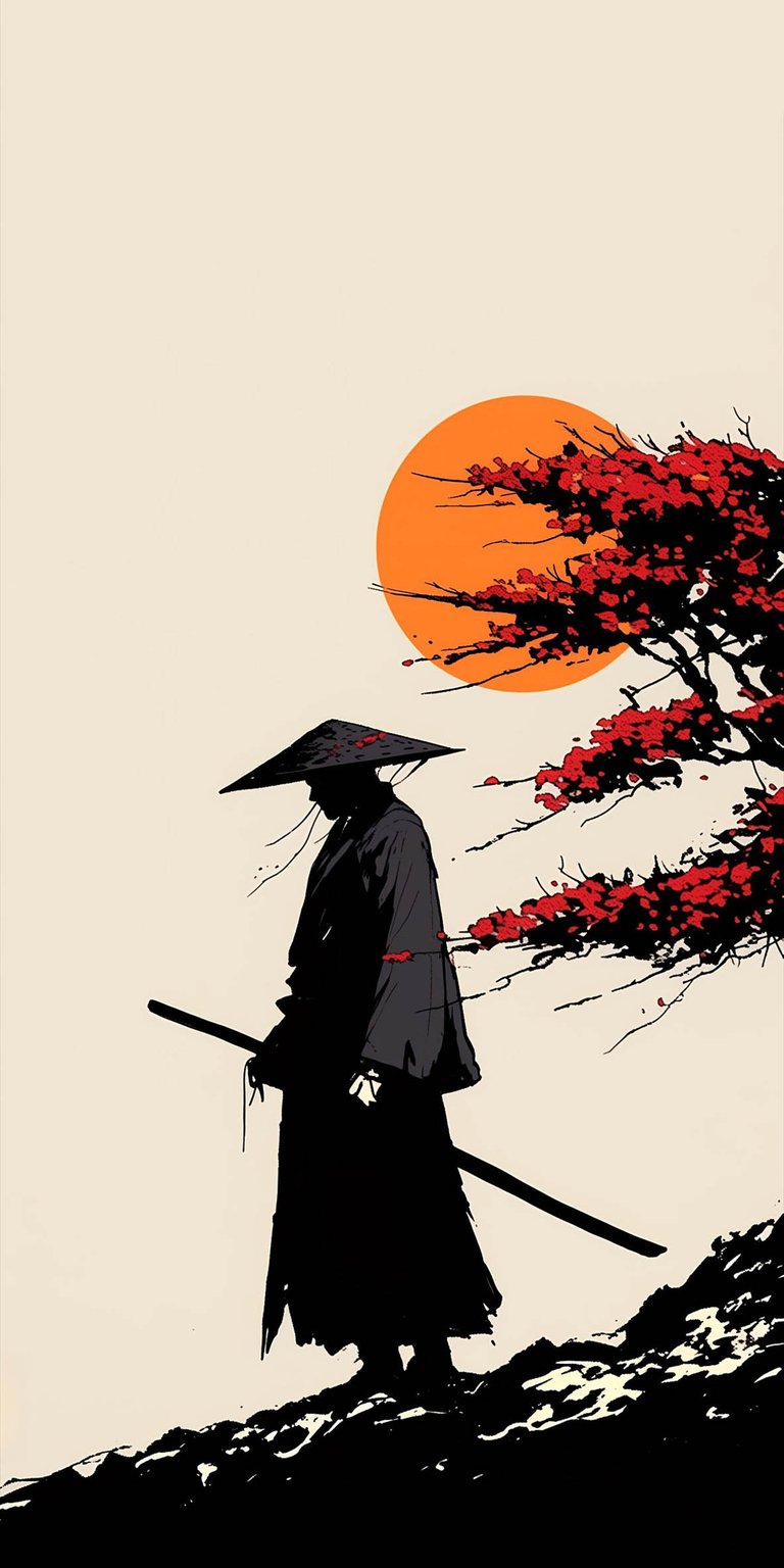 This striking 4K wallpaper features a lone samurai silhouette against a vibrant crimson sun and autumn leaves. Perfect for your mobile wallpaper needs, it offers a minimalist aesthetic with bold contrast and traditional Japanese textures.