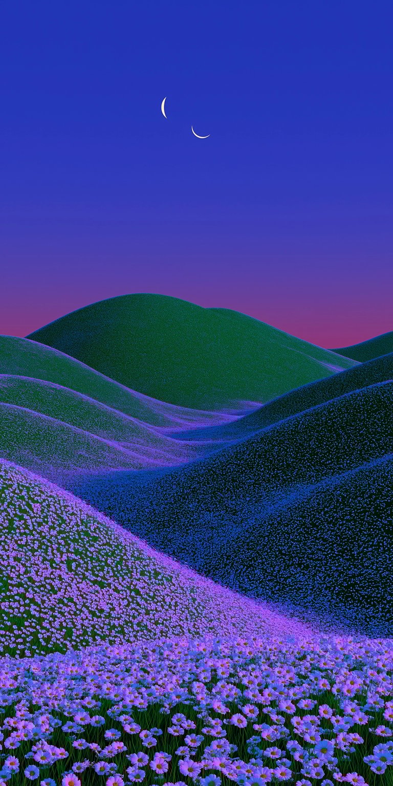This gorgeous landscape 4K wallpaper is ideal for your iPhone, showcasing flower-covered rolling hills under a crescent moon. This wallpaper's details include the vibrant purples and greens and the soft gradient sky.