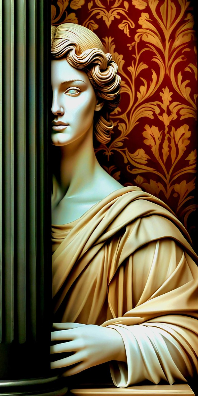 Get lost in the beauty of Aphrodite with this stunning 4K wallpaper for your iPhone, featuring intricate golden patterns in the background. She is partially obscured by a dark green column and is draped in a flowing gown.