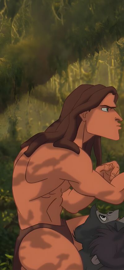 Enjoy this Tarzan and Jane matching 4K wallpaper on your iPhone. This wallpaper features a muscular Tarzan in a jungle and Jane with her face being touched.