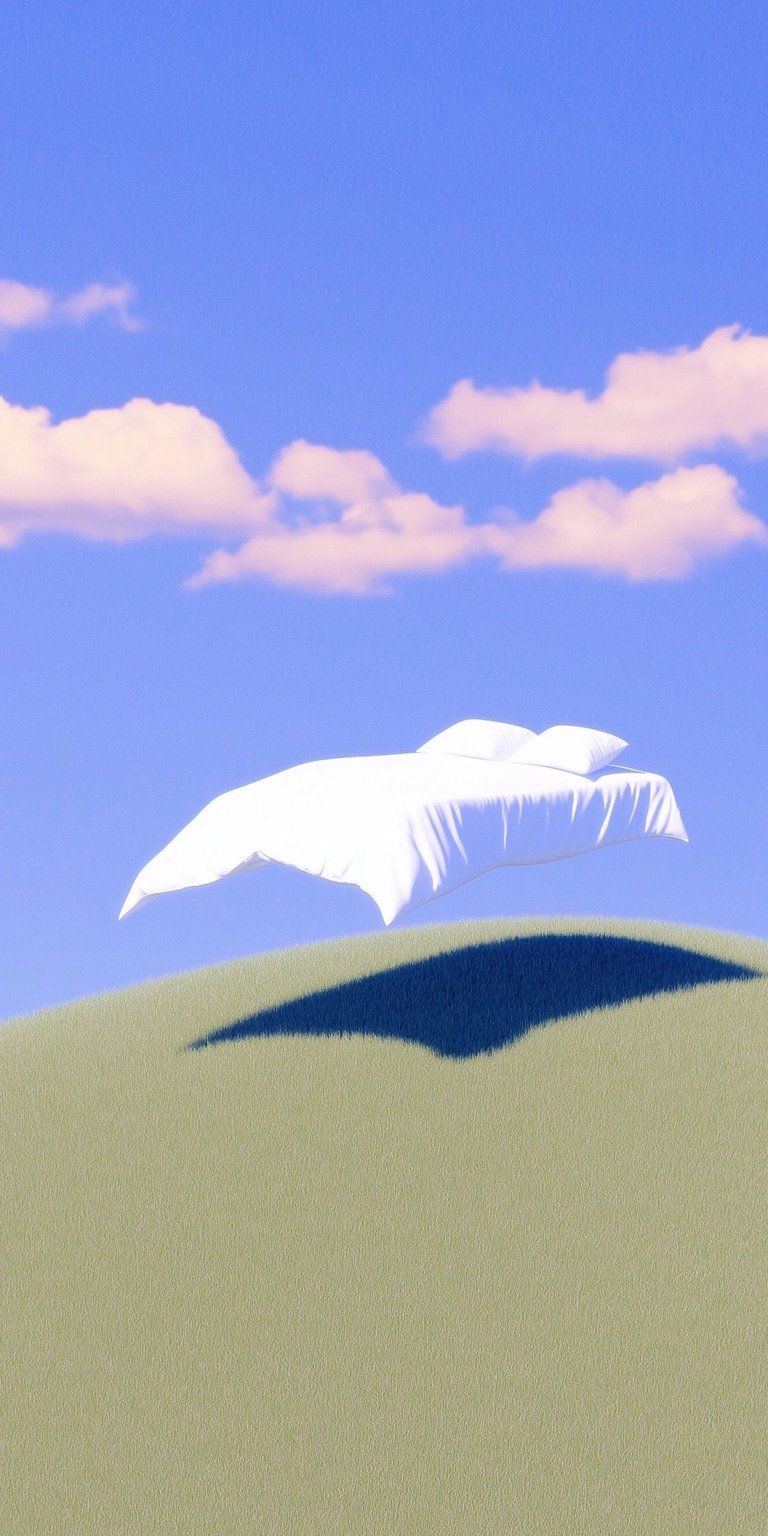 Download this surreal floating bed wallpaper in 4K for your iPhone. This unique wallpaper features a white bed suspended in the sky above a grassy hill, with puffy pink clouds.