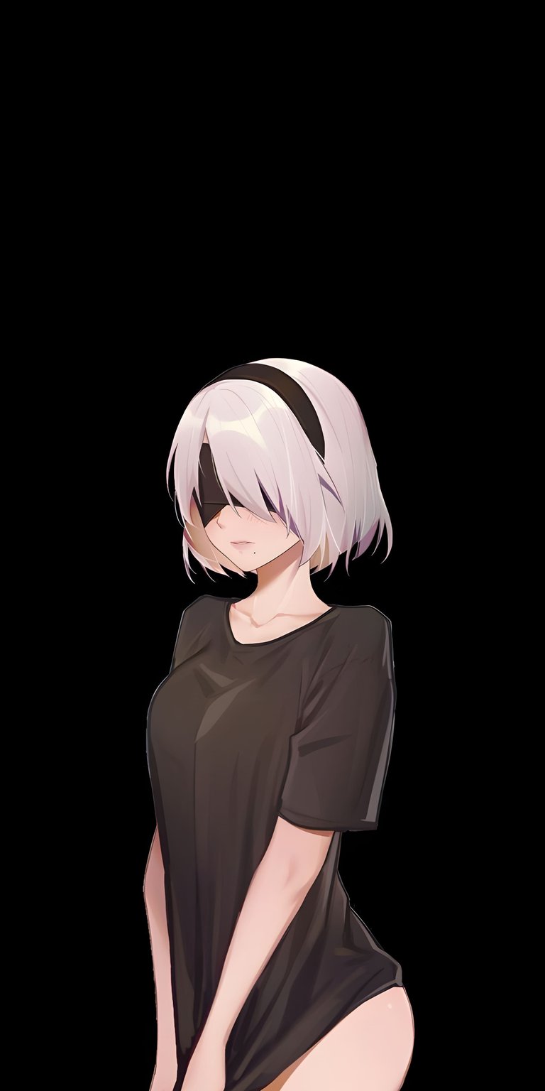 Dress up your iPhone with this beautiful 2B 4K wallpaper, which features her signature blindfold and a simple black t-shirt. The digital artwork offers smooth shading and a stylish anime aesthetic, perfect for any fan.