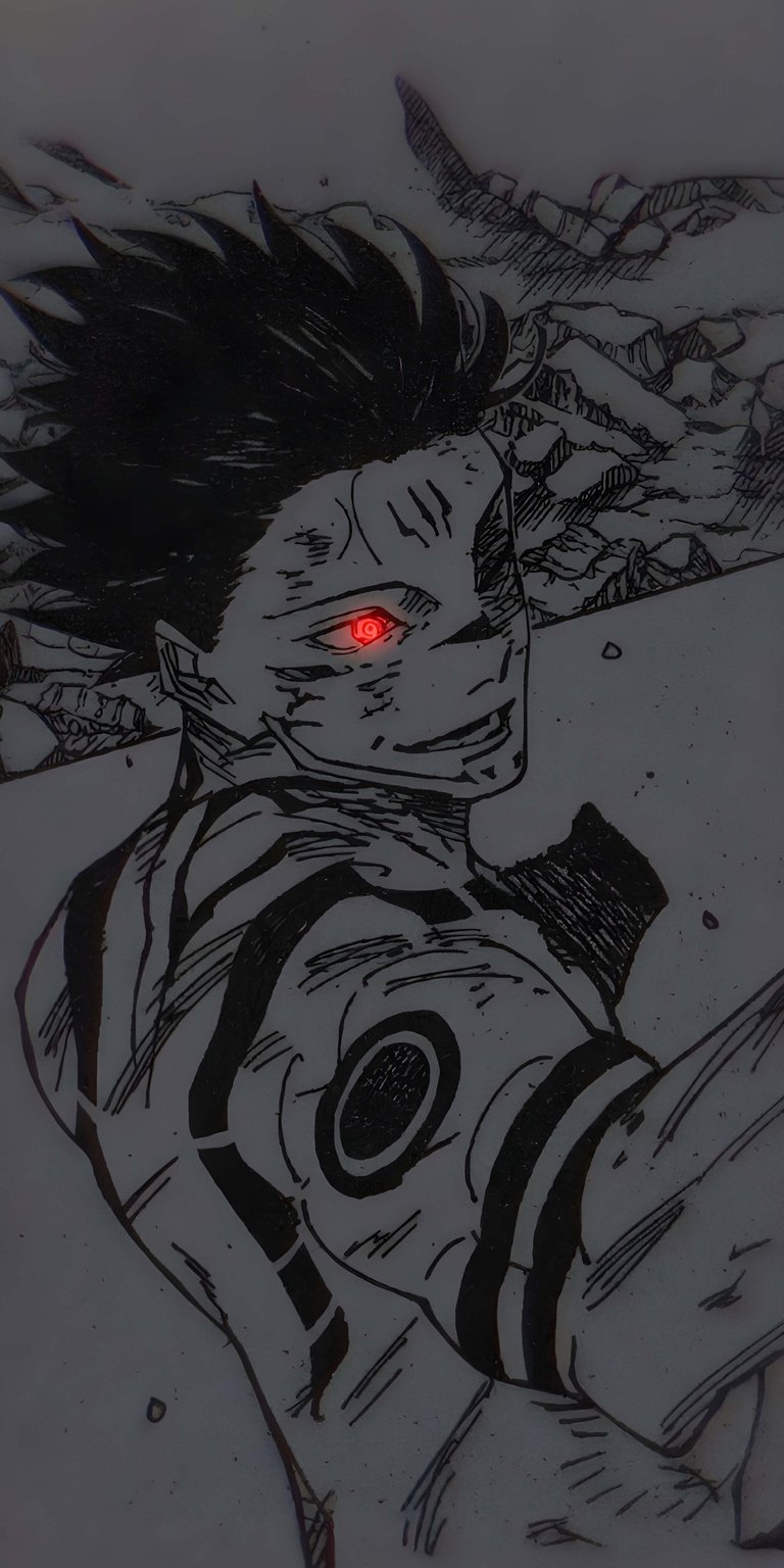 Download this striking Sukuna wallpaper for your iPhone, rendered in 4K resolution. This captivating wallpaper features bold black markings, stark monochrome shading, and a glowing red eye.