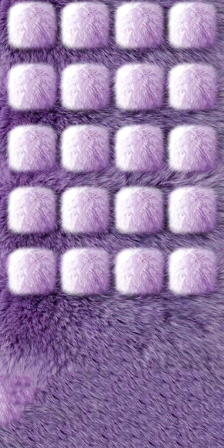 This fluffy purple fur wallpaper is perfect for your iPhone, featuring soft pastel app icons. The high-resolution 4K wallpaper includes rows of plush textures and detailed furry accents.