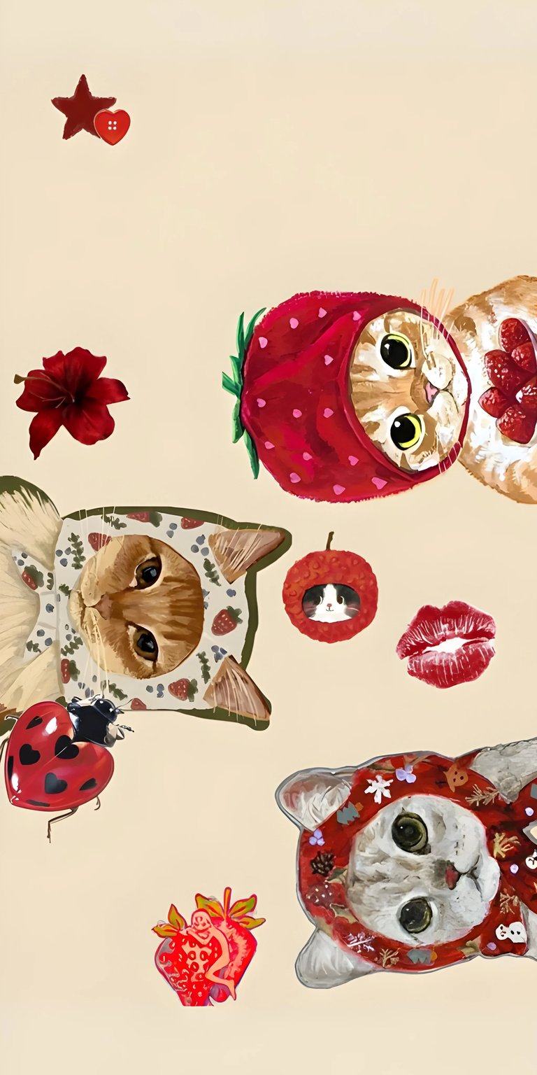 Download this whimsical Cats Fruits 4K wallpaper for your iPhone, featuring cats wearing fruit-themed hats. This delightful wallpaper showcases details such as a strawberry hat, a mushroom cap hat, and a ladybug accessory.