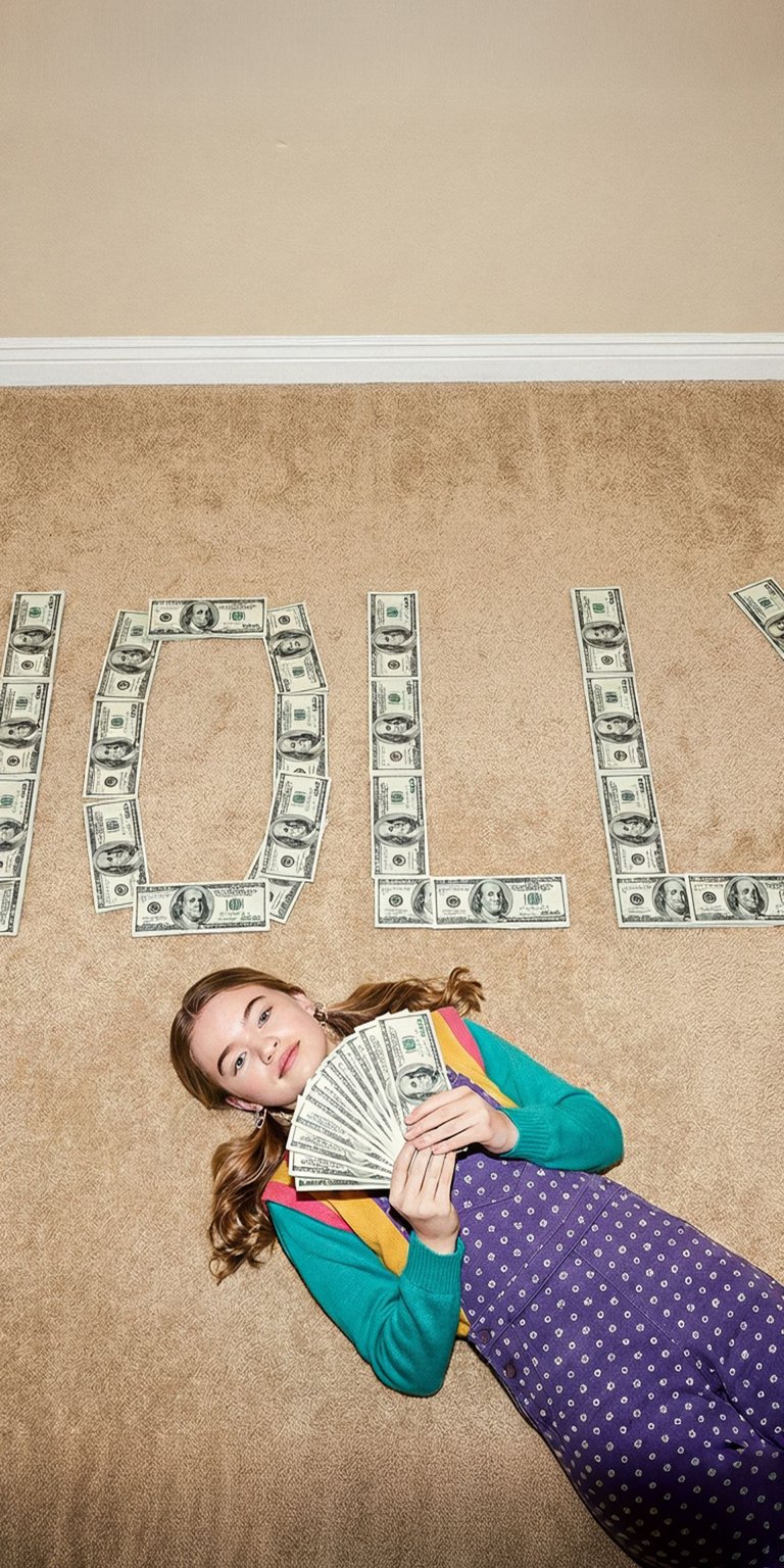 This cute live wallpaper features Holly Wheeler, the youngest member of the Wheeler family in Stranger Things. She is lying on the carpet, surrounded by dollar bills that spell out her full name, "HOLLY WHEELER". She is dressed in a soft, colorful outfit suitable for a young child, holding a fan of money. This wallpaper captures the innocent, domestic side of the Wheeler family life in Hawkins.