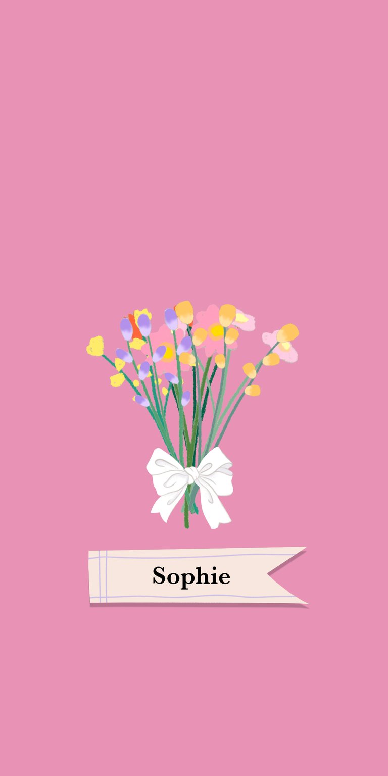 illustration flower yellow white daisy bouquet label ribbon bow tulip daffodil name sophie