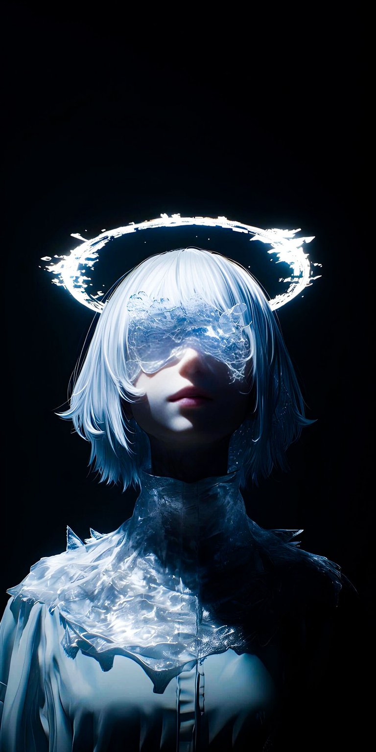 Download this ethereal Angel 4K wallpaper for your iPhone, featuring a glowing halo and icy eyewear. This stunning wallpaper showcases translucent, crystalline clothing.
