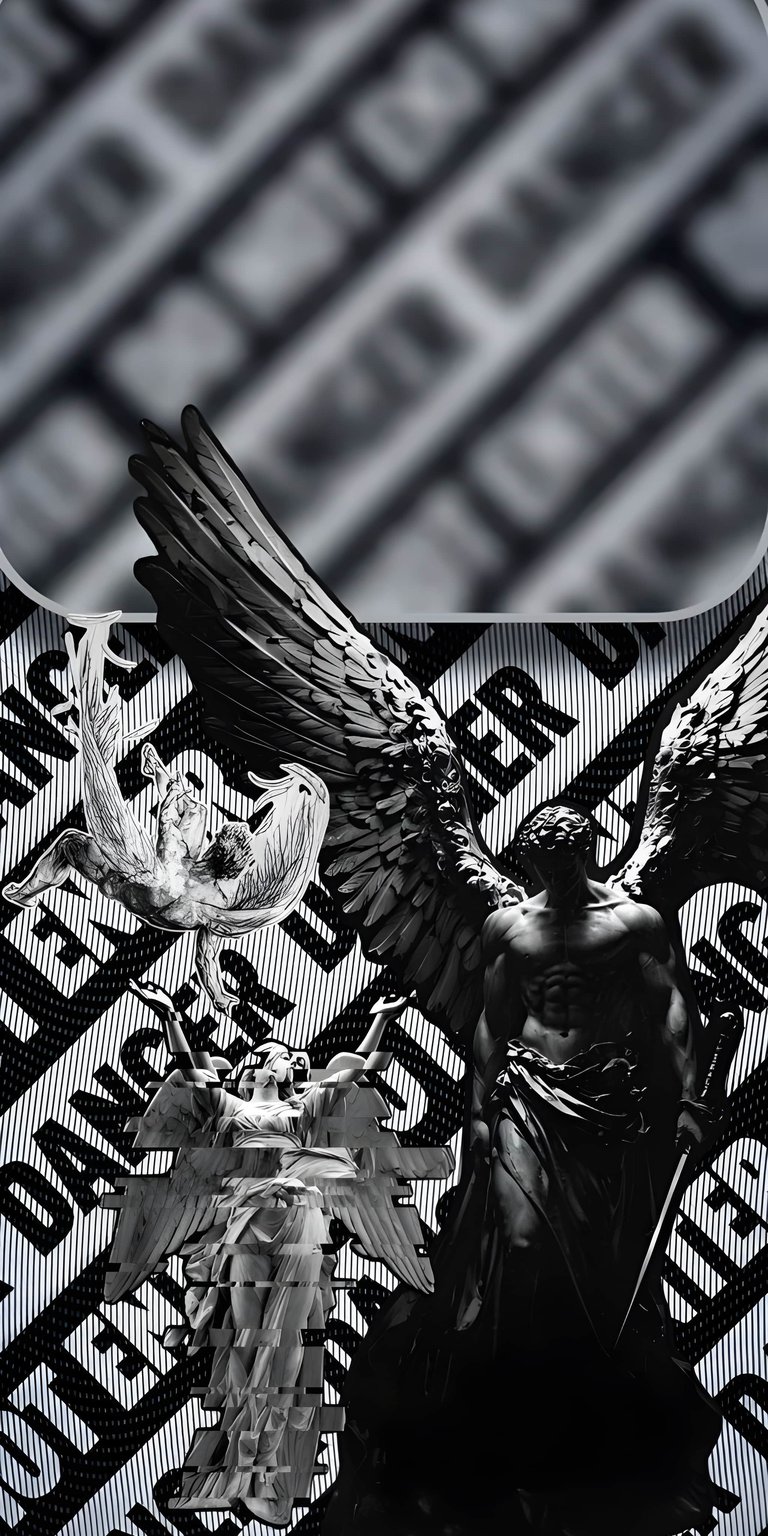 Enhance your phone with this dark 4K wallpaper featuring a dramatic fallen angel statue collage. This edgy mobile wallpaper combines gothic art and urban textures for a unique, high-contrast lockscreen look.