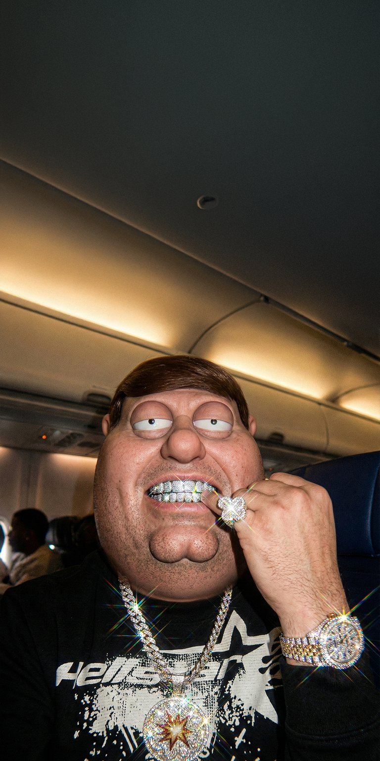 Upgrade your iPhone with this 4K aesthetic wallpaper featuring a hyper-realistic Peter Griffin flexin' a diamond grill and iced-out watch. This wallpaper features intense sparkling lens flares and warm cabin lighting for a hilarious, high-status vibe.