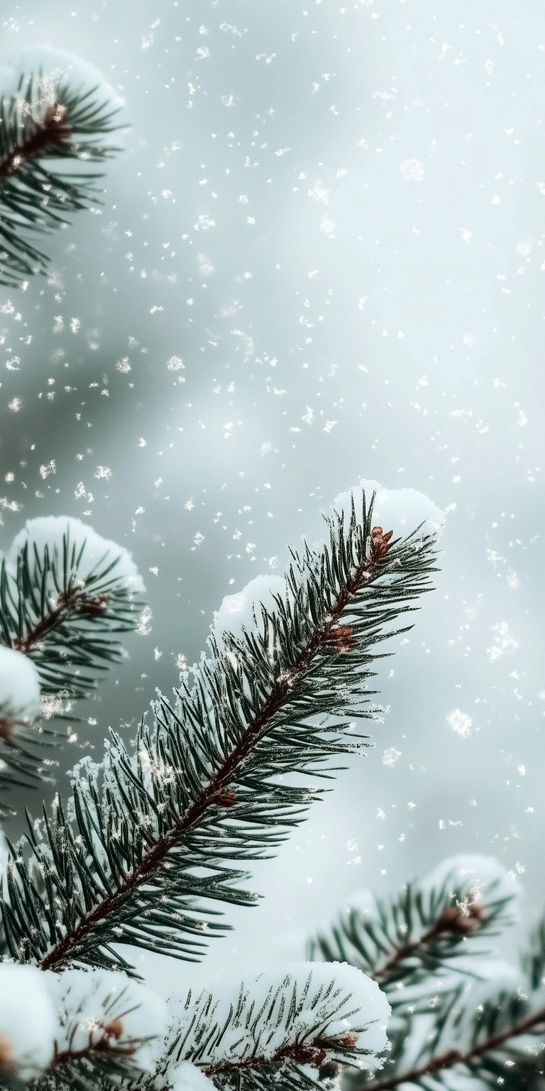 A serene and festive 3D wallpaper featuring a close-up of a snow-covered pine branch set against a soft, bright, slightly desaturated background. The wallpaper creates a convincing 3D depth (as indicated by the "3D Spatial" tag), making the branch appear to hang right in front of the screen. The animation features continuous, soft, and realistic snowfall, subtle movement in the branches as if from a light breeze, and a gentle sparkle on the snow, perfect for a peaceful Christmas or winter aesthetic.