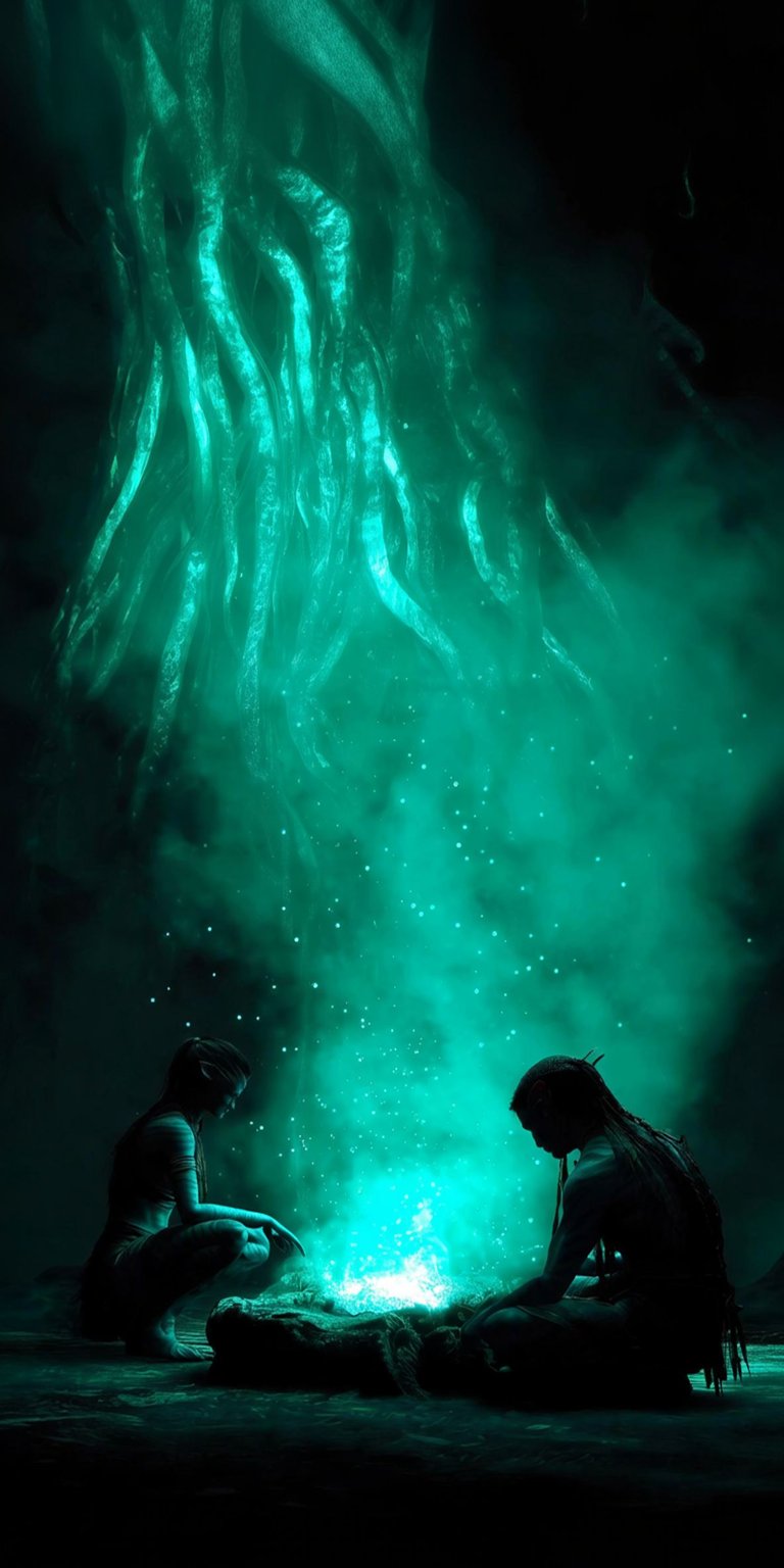 Download this Avatar wallpaper in stunning 4K resolution for your iPhone, showing the Na'vi gathered around a glowing fire. This ethereal wallpaper captures the bioluminescent world of Pandora, with its floating embers and the massive, root-like structures above.