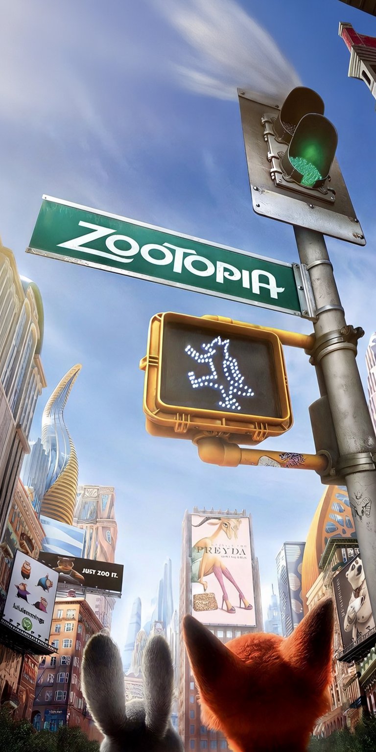 Download this Zootopia 4K wallpaper for your iPhone, featuring a crosswalk signal with a wolf, a green street sign, and Preyda advertisements. This wallpaper brings the vibrant city to life on your screen.