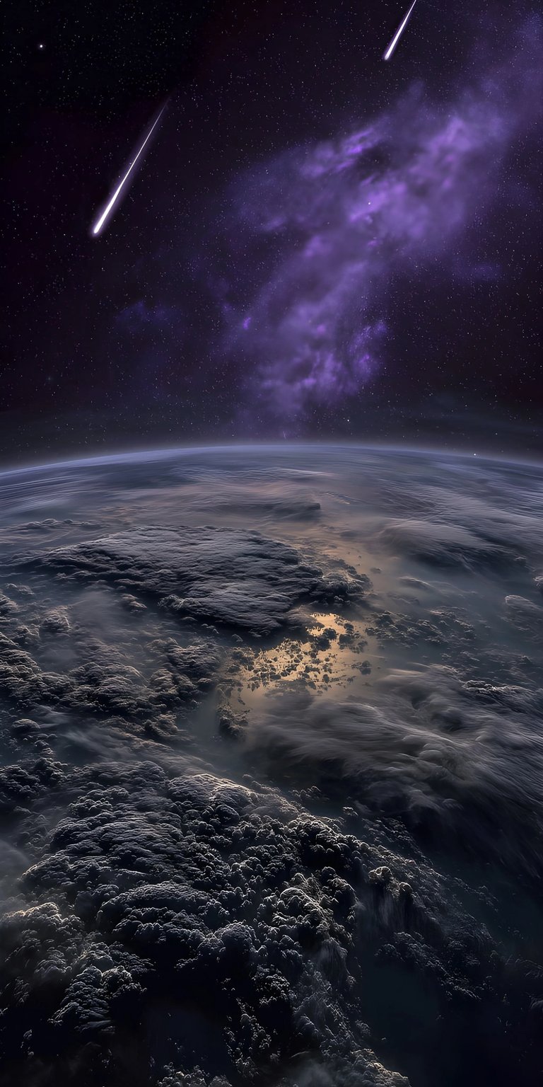 Download this stunning Earth wallpaper in 4K, perfect for your iPhone! See the illuminated clouds, purple nebula, and meteor shower from space in this breathtaking wallpaper.
