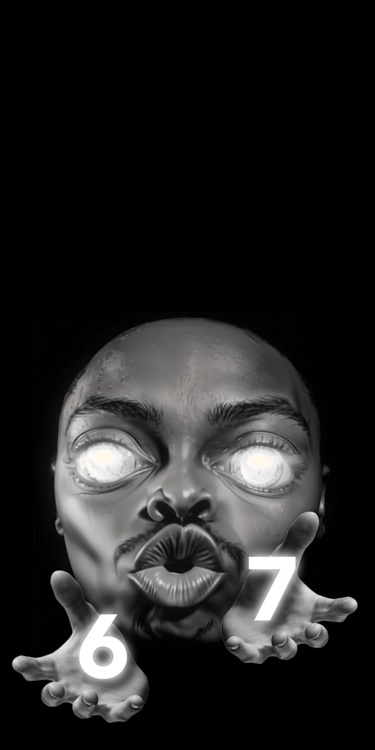 Download this striking 4K wallpaper of 6ix7even for your iPhone, showcasing the artist's glowing eyes and outstretched hands displaying the numbers '6' and '7'. This wallpaper offers a unique visual experience, perfect for personalizing your device.