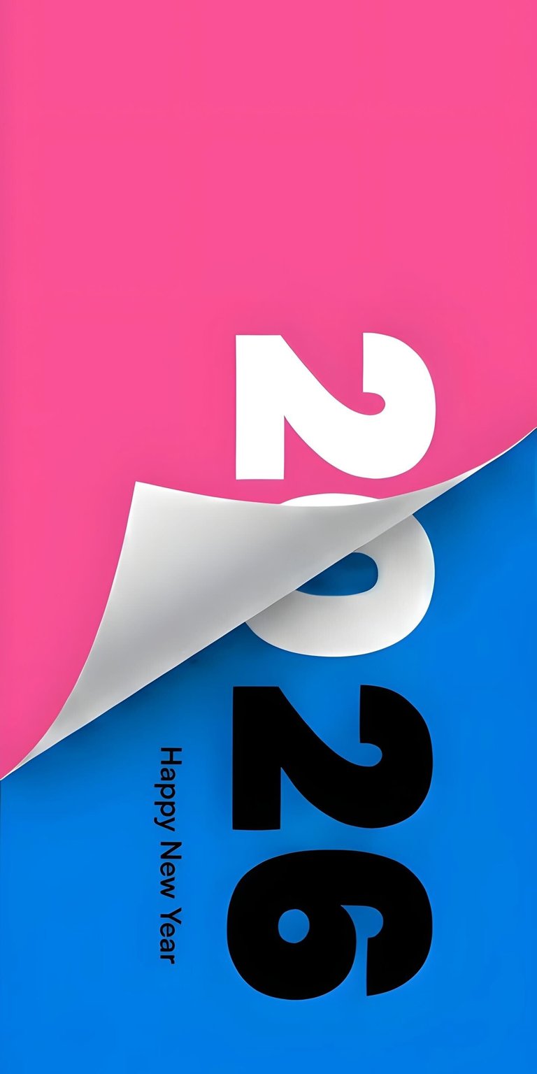 A clean, modern, and minimalist "Happy New Year 2026" celebratory wallpaper. Featuring a creative "peeling" effect where a bright pink layer reveals a deep blue background with bold 2026 typography. Ideal for a fresh, seasonal look on your lock screen to ring in the new year.