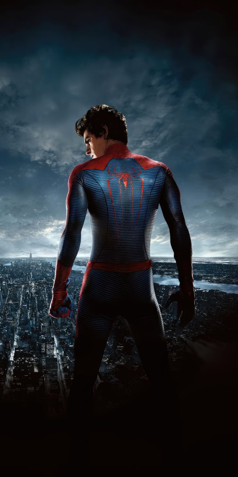 Spiderman Andrew Garfield dark clouds with city view wallpaper in 4k