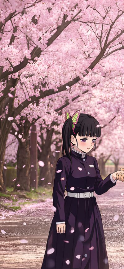 This matching wallpaper features Kanao and Tanjiro in 4K resolution, perfect for iPhone. You can see the pink cherry blossom trees and a path of fallen petals to create a lovely wallpaper.