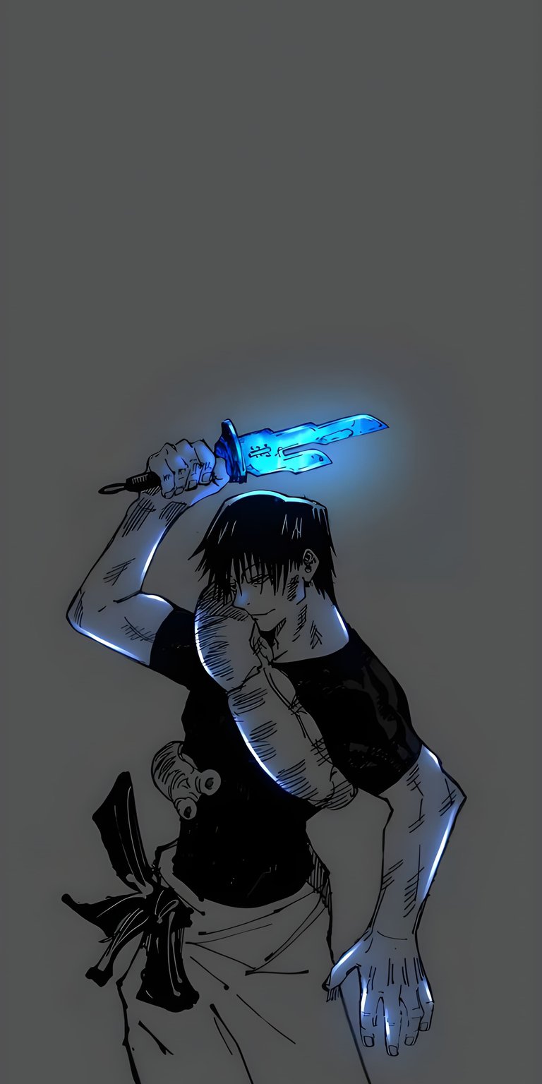 Get this stunning Toji Fushiguro 4K wallpaper for your iPhone, showcasing him holding a glowing blue blade. This wallpaper highlights his muscular build and the unique design of his weapon.