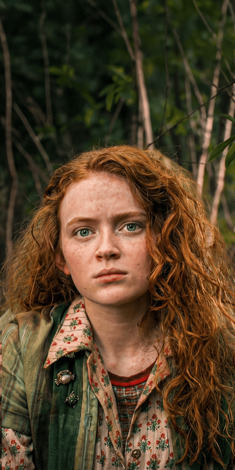 Download this stunning Sadie Sink wallpaper in 4K for your iPhone, showcasing her freckled complexion and striking light blue eyes. This wallpaper highlights the vintage floral shirt and green striped jacket.