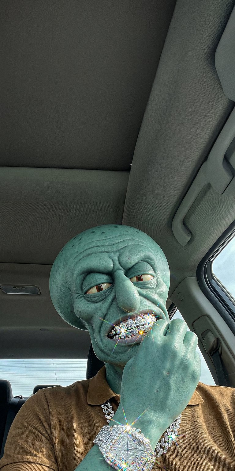 This 4K aesthetic wallpaper features a hyper-realistic Squidward Tentacles showing off a diamond grill and iced-out watch. Elevate your iPhone with this unique wallpaper featuring cool teal skin tones and sparkling lens flares in a car selfie setting.