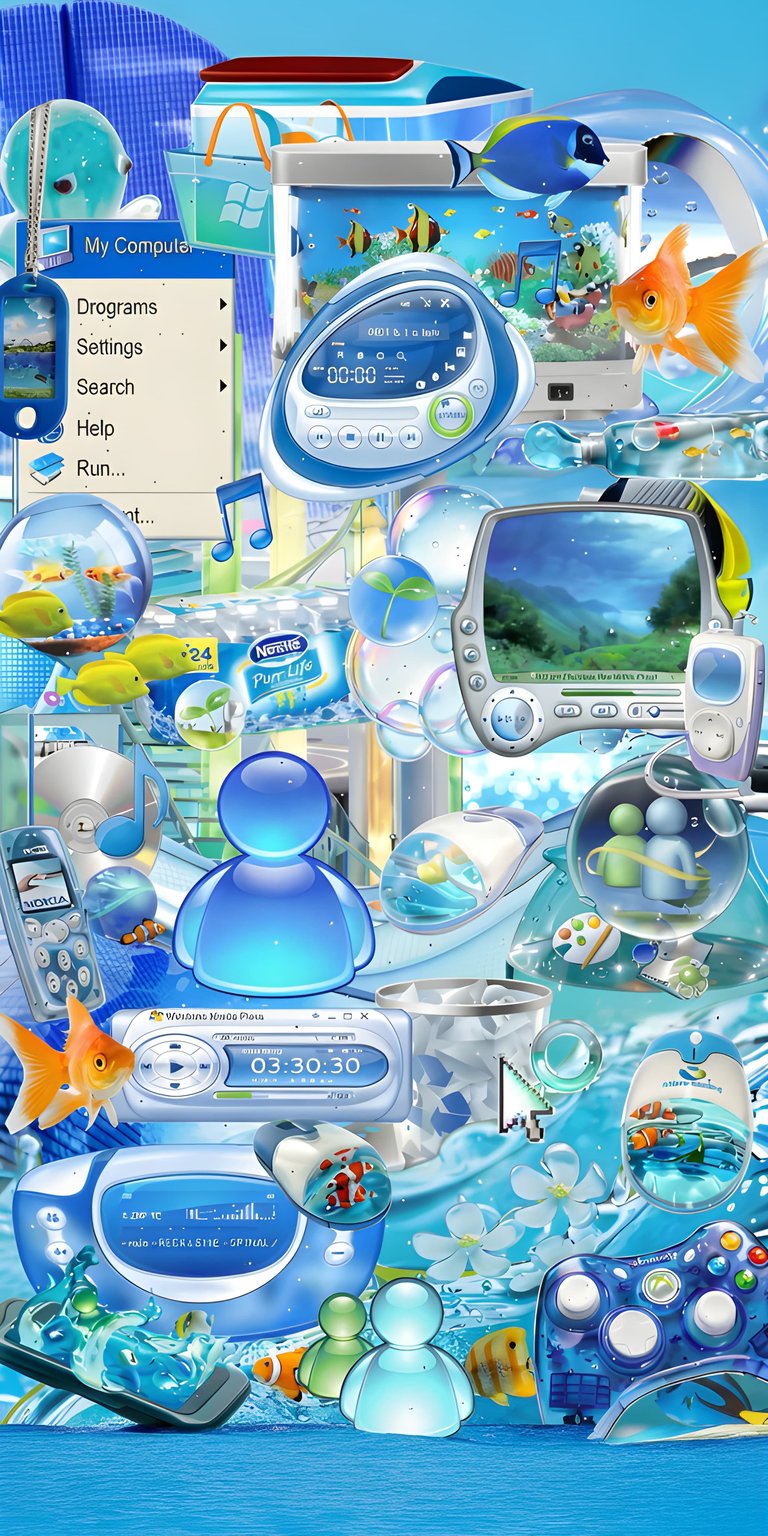 This vibrant 4K wallpaper features a retro Windows XP aesthetic, perfect for your iPhone. The design showcases floating MSN icons, goldfish in glass orbs, and an old Windows Media Player displaying a countdown.