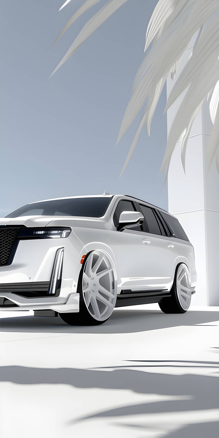 This 4K static wallpaper features a sleek white Cadillac Escalade with oversized custom rims and a lowered stance. Designed as an aesthetic wallpaper for iPhone, the image showcases clean lines and high-contrast lighting against a minimalist architectural background.