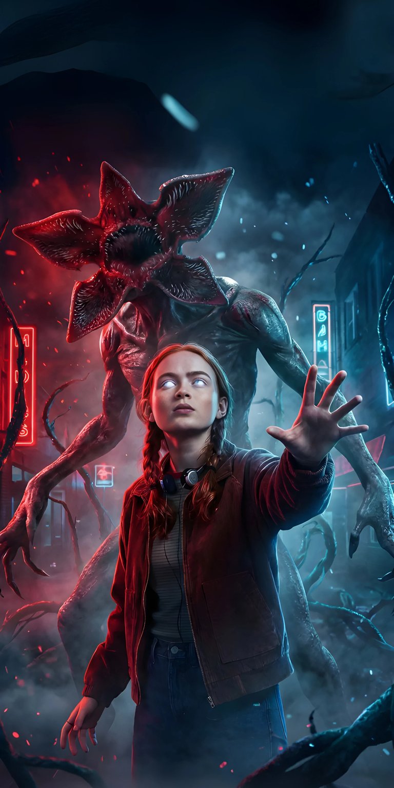 Download this incredible Max and Demogorgon 4K wallpaper for your iPhone, showcasing her glowing white eyes and raised hand. This wallpaper features neon lights, vines, and a fearsome creature.