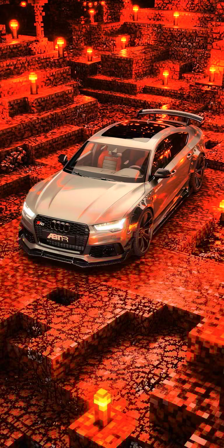 This high-octane wallpaper features the elite ABT RS7-R, a limited-edition masterpiece of German engineering, positioned within a hyper-realistic Minecraft Nether environment. The scene highlights the ABT-specific carbon fiber front lip and aggressive aero kit against glowing lava textures and cracked netherrack. It’s the ultimate crossover for automotive collectors and gaming enthusiasts who love high-end "RTX On" block-world aesthetics.