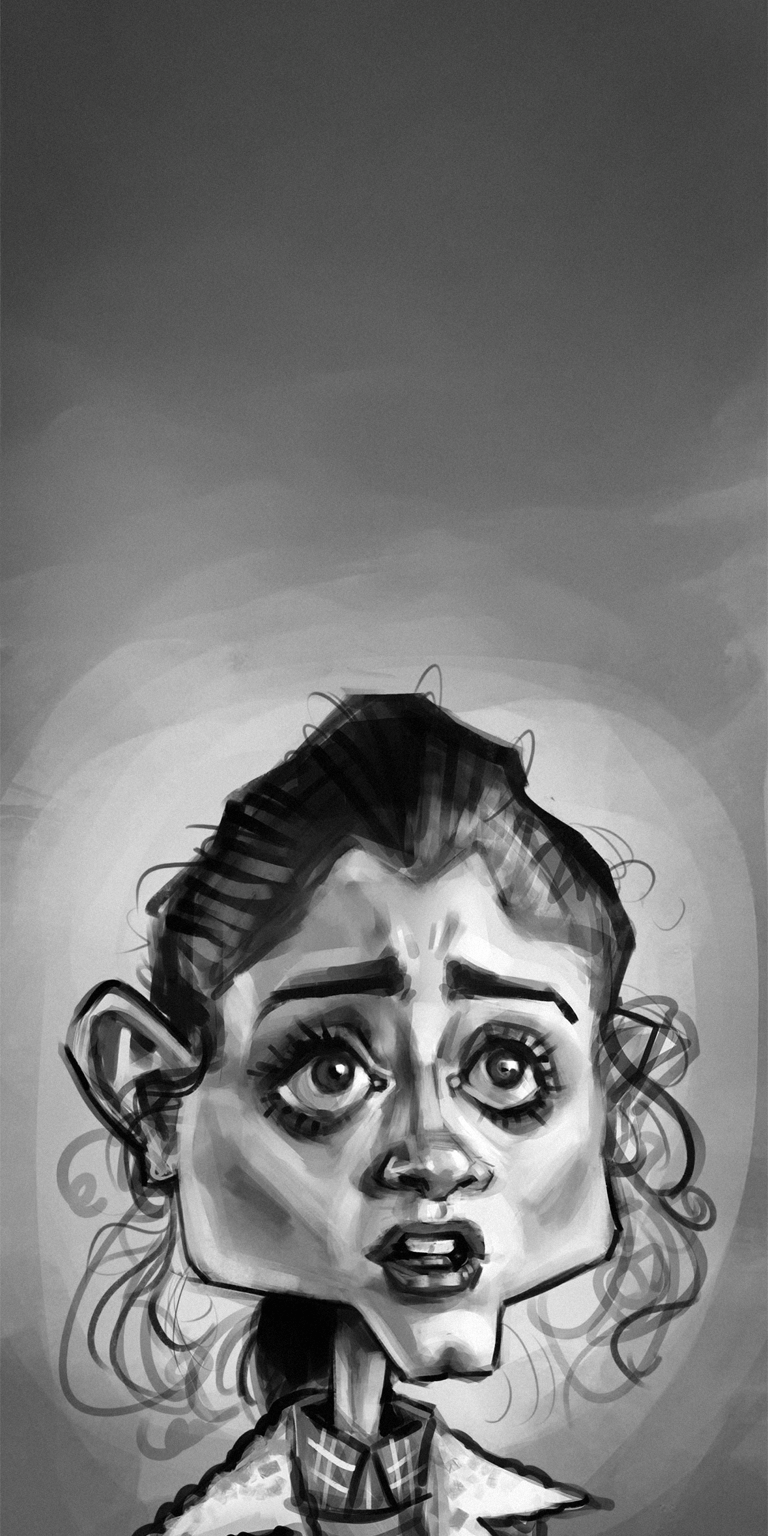 Download this striking Natalia Dyer 4K wallpaper for your iPhone, showcasing the expressive eyes and unique monochrome caricature style. This wallpaper highlights the square jawline and curly hair.