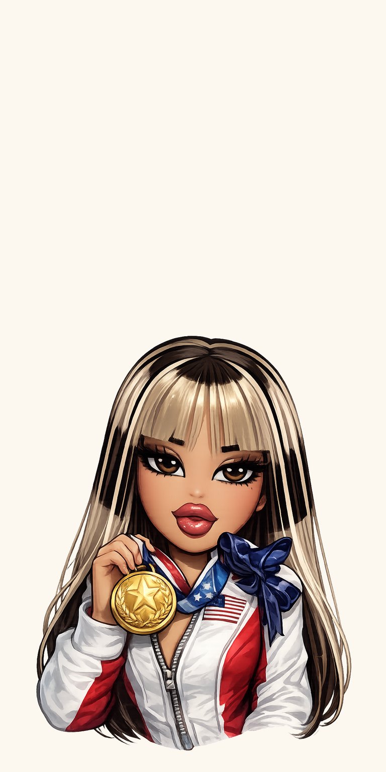 A stylized digital illustration of figure skater Alysa Liu in a "Bratz" doll art style, holding her gold medal. This aesthetic wallpaper features her signature striped hair and modern Y2K fashion vibes for an iPhone.