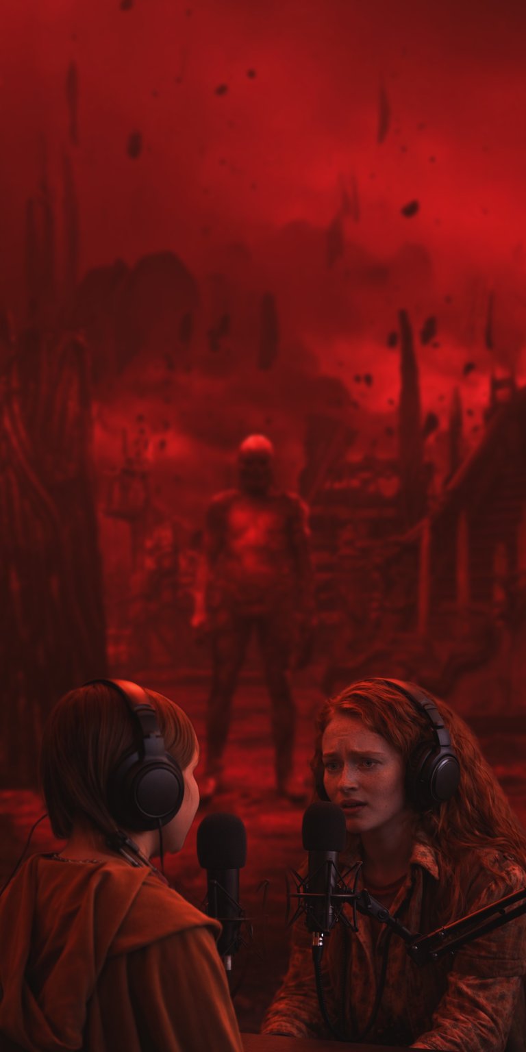 Step into the terrifying atmosphere of the Upside Down. Bathed in an eerie, blood-red glow, this wallpaper features Max Mayfield facing the dark forces of Vecna's realm. The silhouette-heavy design and hazy red atmosphere perfectly encapsulate the tension and horror of the Stranger Things finale.