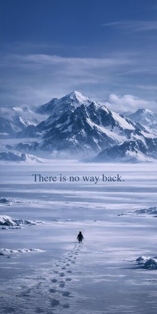 Featuring a distant figure and the text "There is no way back," this 4K wallpaper offers a philosophical look at an icy mountain trail. This iPhone wallpaper uses a bright, high-key white aesthetic with soft footsteps leading into the arctic mist.