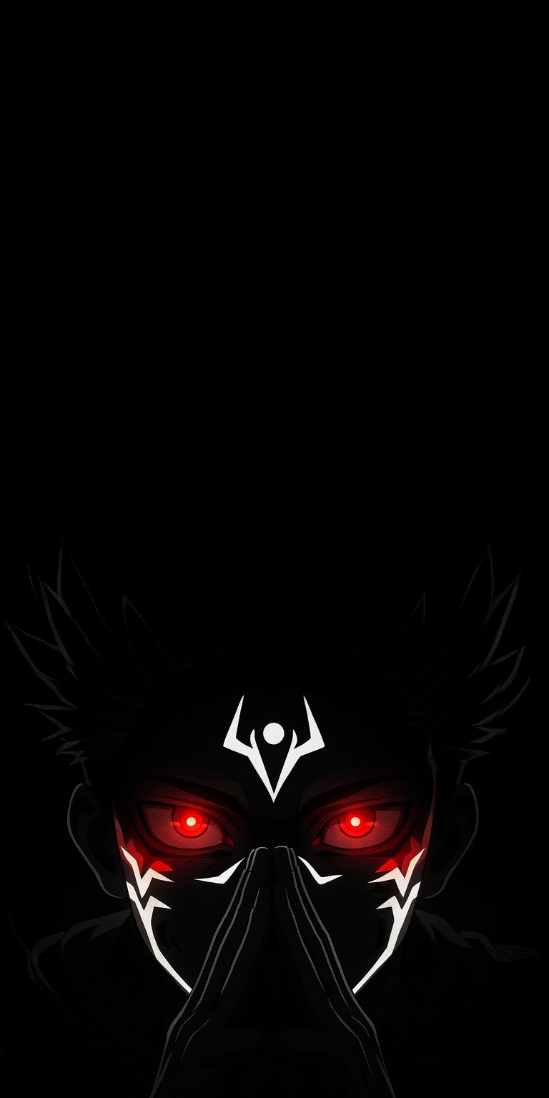 Download this Ryomen Sukuna 4K wallpaper for your iPhone, showcasing his signature red eyes and forehead markings. This dark wallpaper highlights his hands in a prayer position and his spiky hair.