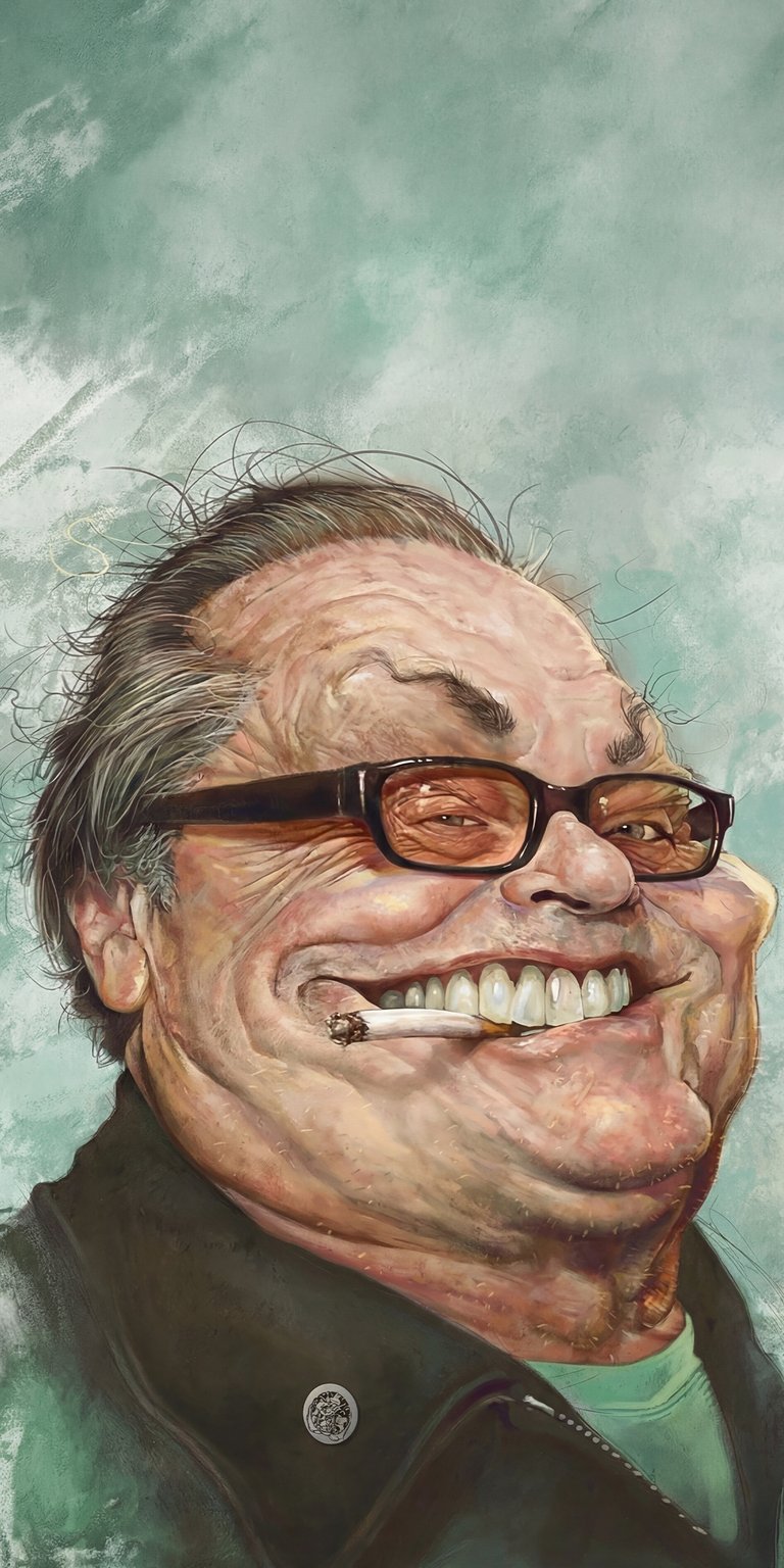 This captivating 4K wallpaper showcases a caricature of Jack Nicholson smoking a cigarette. Install this wallpaper on your iPhone to enjoy the unique visual details, including his glasses and the button on his shirt.