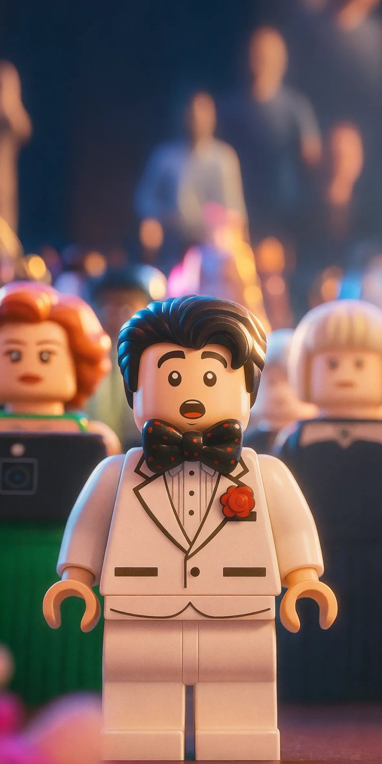 Download this Lego Emmet 4K wallpaper for your iPhone! This amazing wallpaper showcases Emmet in a white tuxedo with a red flower, with a polka dot bowtie, as he is attending what looks like a social event.