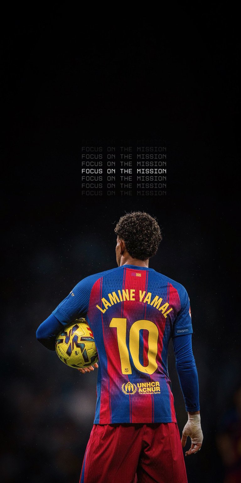 This minimalist sports wallpaper showcases the young phenom Lamine Yamal from behind, wearing the iconic FC Barcelona "Blaugrana" jersey with the number 10. The design features a repetitive, glitch-style text overlay reading "Focus On The Mission," symbolizing the rise of football's next superstar at the Camp Nou.